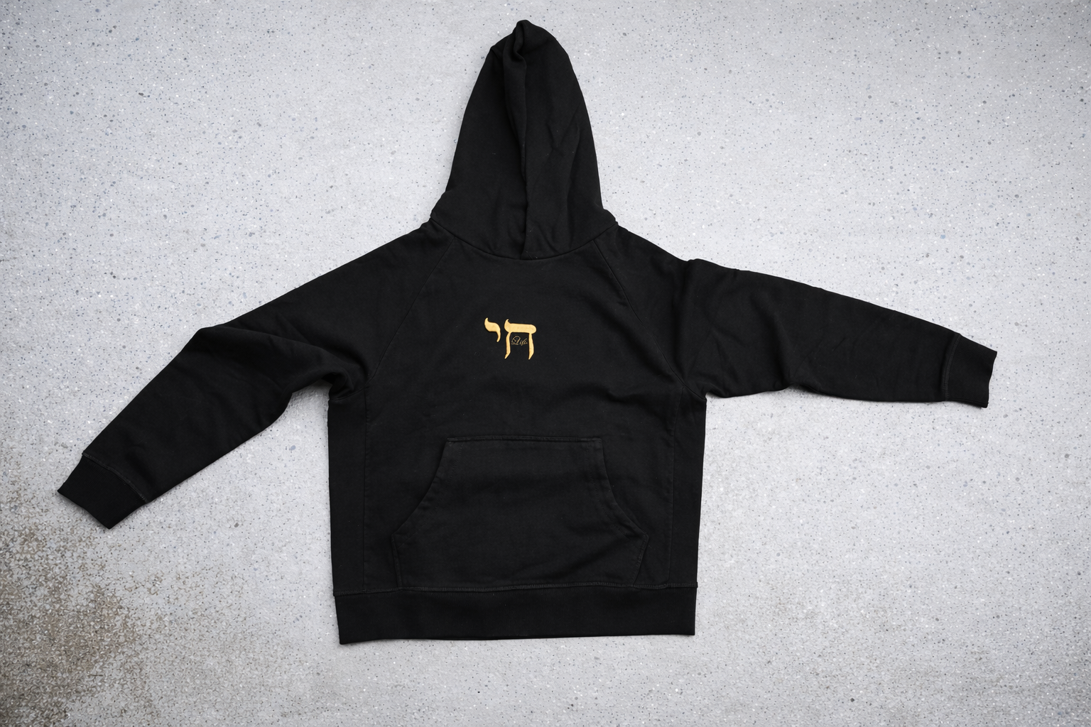 Gold Chai Life Puff Embroidered Organic Cotton French terry Black Hoodie